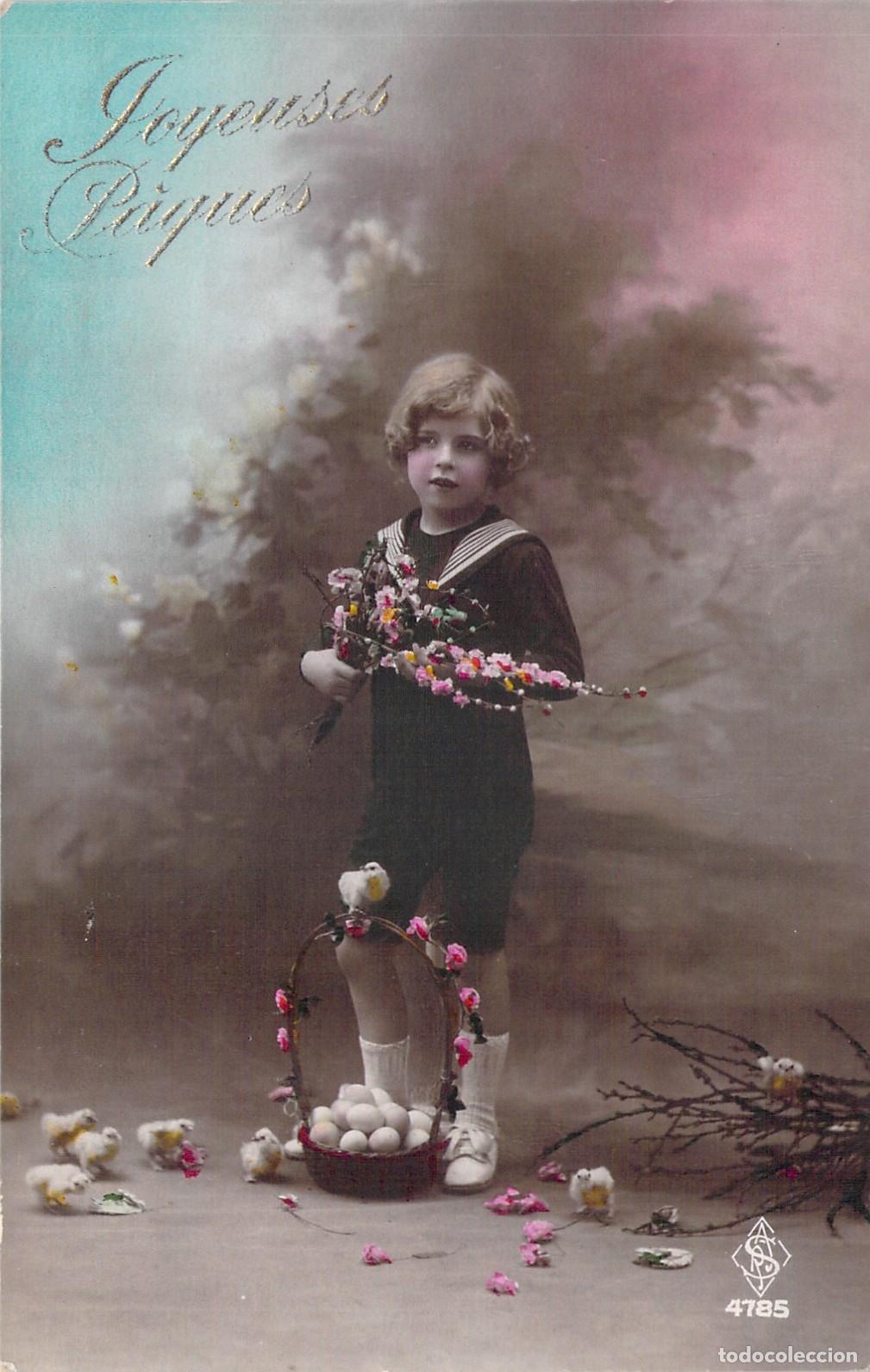 Postales: Postal Francesa Joyeuses P&acirc;ques Ni&ntilde;o con Cesta de Huevos