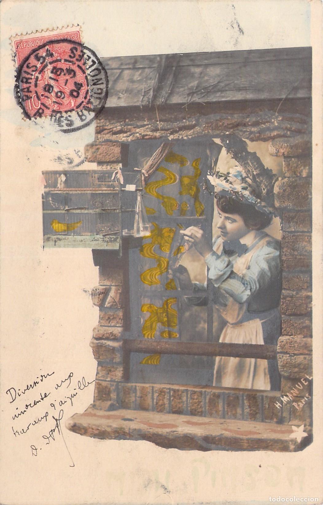 Postales: Postal Francesa de Mujer Pintando Vidrieras con Jaula de P&aacute;jaro