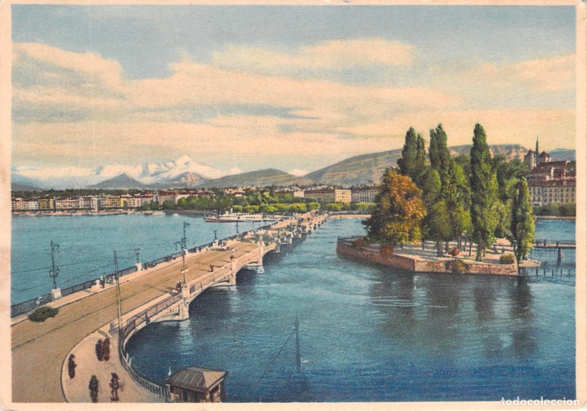 Postales: Postal de Ginebra: Isla J. J. Rousseau y el Mont-Blanc