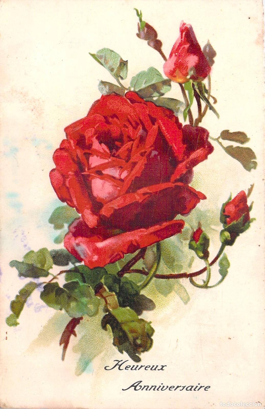 Postales: Postal de Feliz Cumplea&ntilde;os con Rosas Rojas Heureux Anniversaire