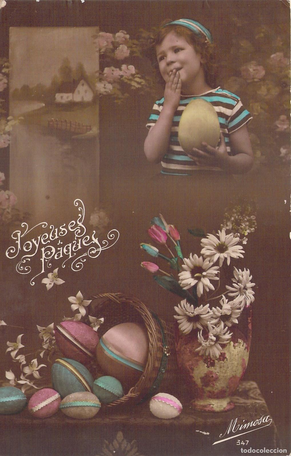 Postales: Postal Francesa de Pascua Joyeuses P&acirc;ques con Ni&ntilde;o y Huevo
