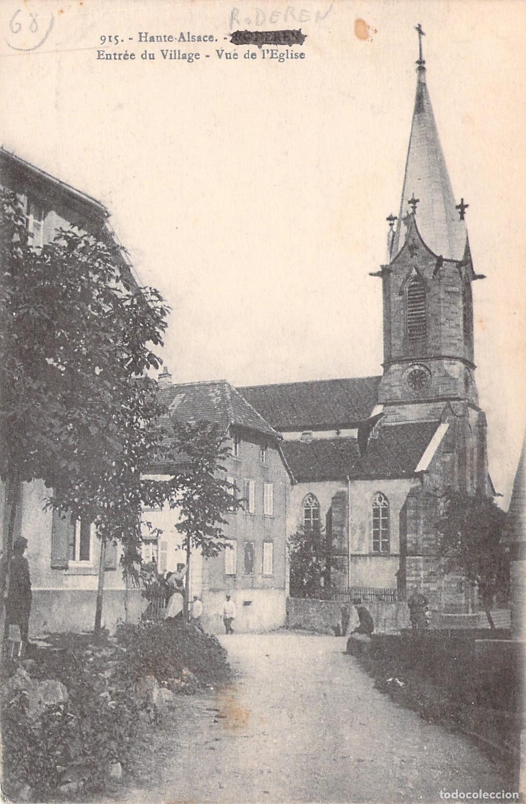Postales: Postal de Roderen entrada al pueblo y vista de la iglesia Alsacia Francia