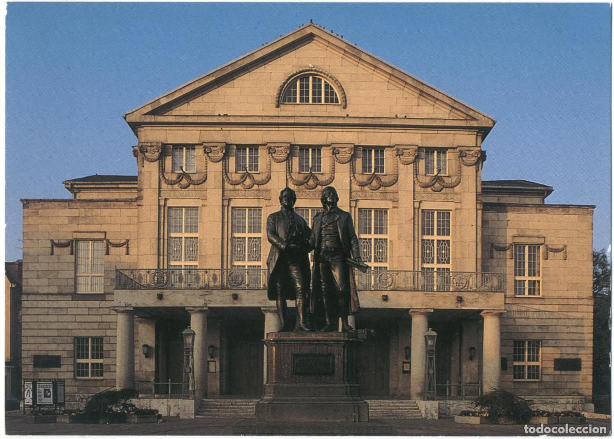 Postales: WEIMAR_Deutsches Nationaltheater mit dem Goethe un Schiller Denkmal / Arquitectura Teatros Alemania
