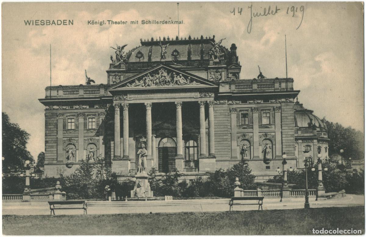 Postkarten: WIESBADEN_Theater mit Schillerdenkmal_Louis Glaser / Arquitectura Teatros Alemania
