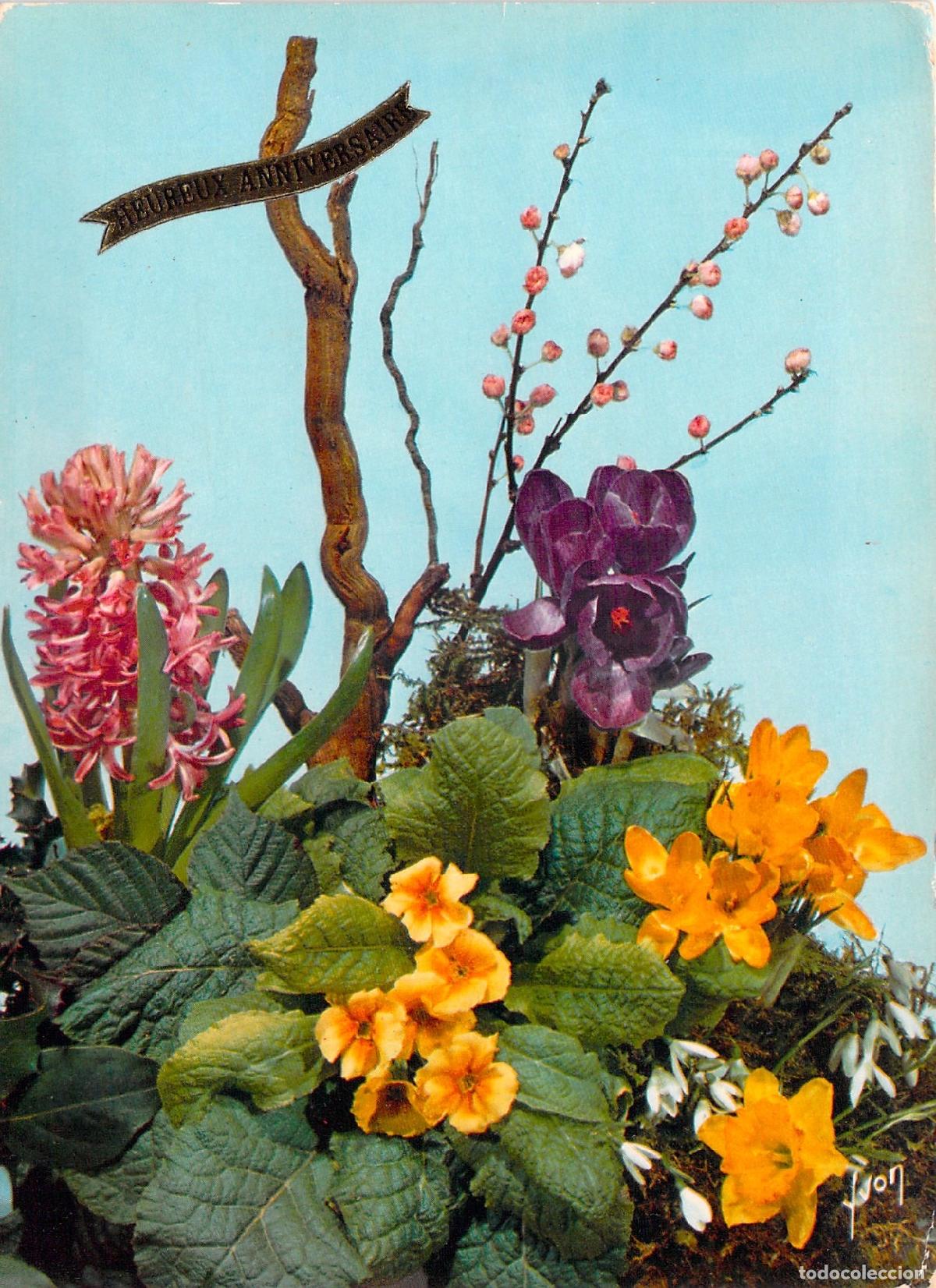 Postales: Postal de Felicitaci&oacute;n Heureux Anniversaire con Flores