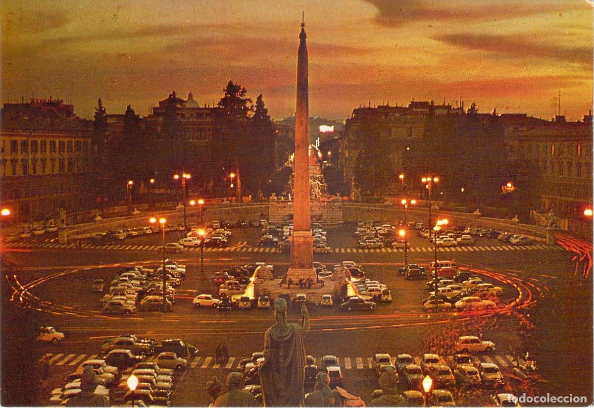 Postales: Postal de Roma, Piazza del Popolo de Noche, Italia