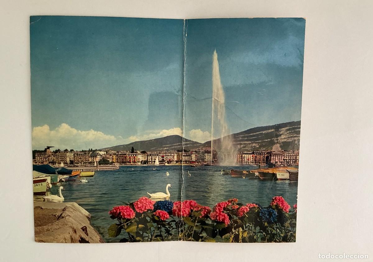 Postales: Antigua Postal Gigante 24x30 cm Ginebra Suiza. Jet d'Eau y Rada con Publicidad Vintage. A&ntilde;os 60/70