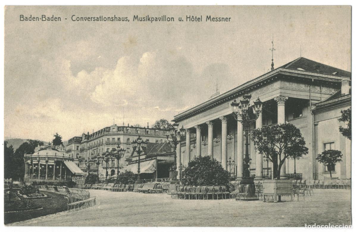 Postales: BADEN BADEN_Conservationshaus, Musikpavillon und H&ocirc;tel Messner_C. Wild's Hofbuchh / Teatros Alemania