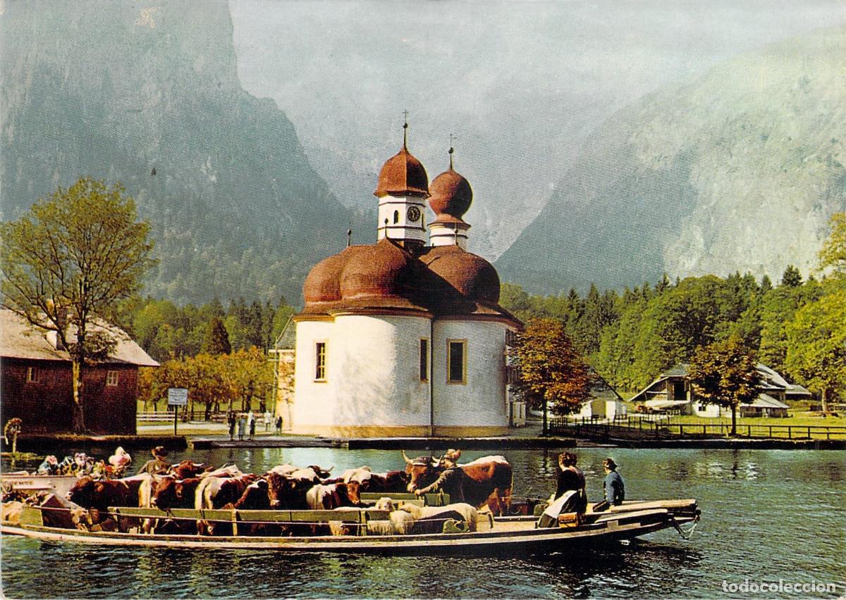 Postales: Postal de K&ouml;nigssee con Iglesia San Bartolom&eacute; y Almabtrieb en Baviera