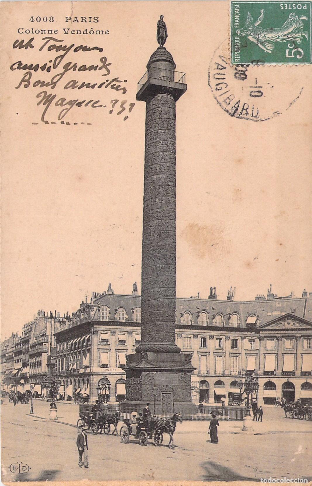 Postais: Postal de la Columna Vend&ocirc;me en Par&iacute;s con Carruajes