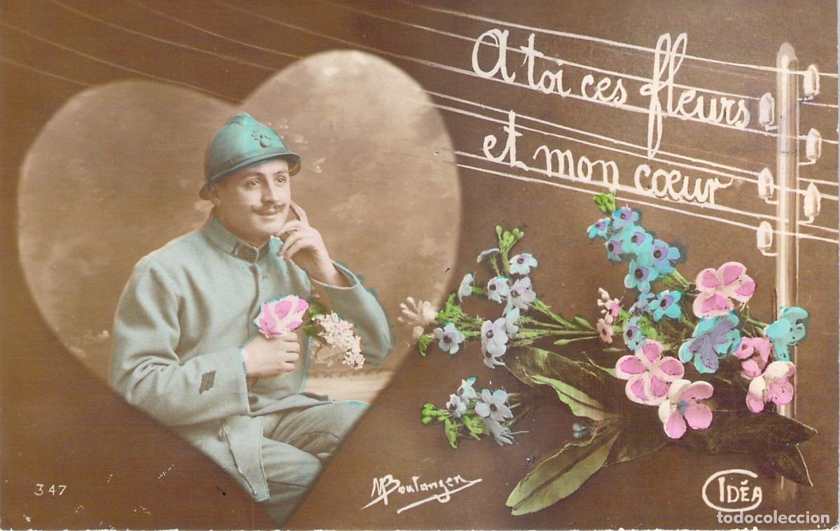 Postais: Postal Francesa de Amor con Soldado y Flores de la Primera Guerra