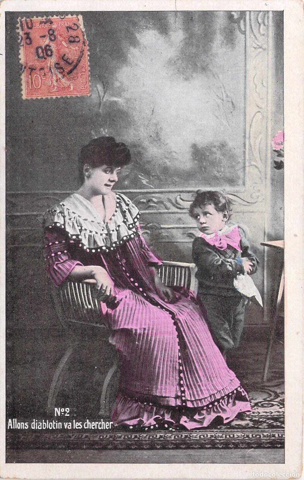 Postales: Postal Francesa de Retrato de Mujer y Ni&ntilde;o Pintada a Mano