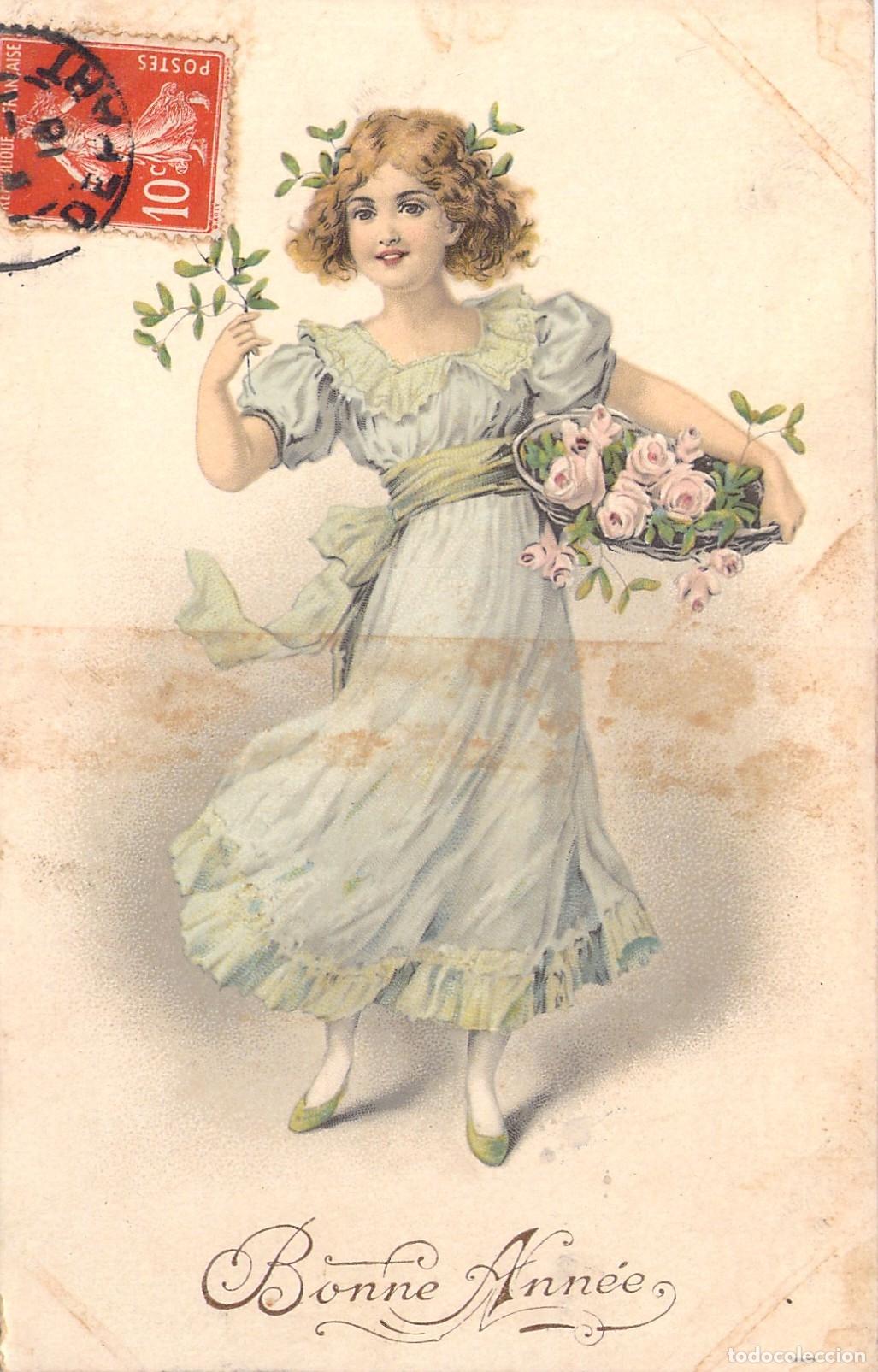 Postales: Postal Francesa de A&ntilde;o Nuevo Bonne Ann&eacute;e con Ilustraci&oacute;n de Ni&ntilde;a y Rosas