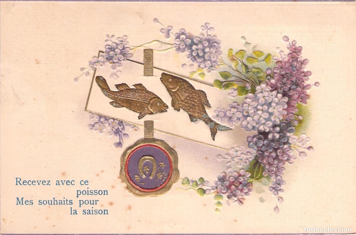 Postales: Postal Ilustrada con Peces y Flores de Lila en Relieve