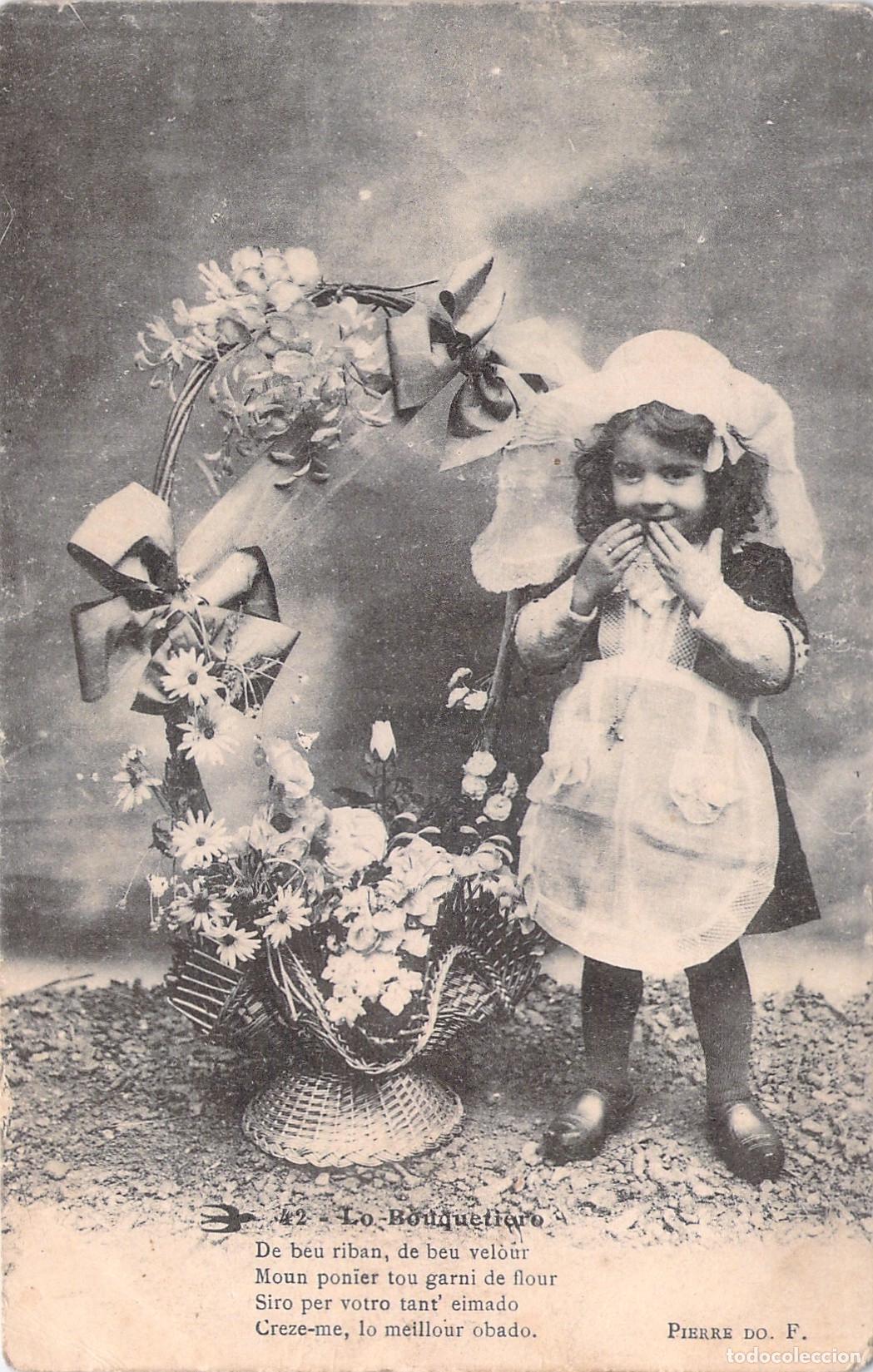 Postales: Postal Antigua de Ni&ntilde;a Florista con Cesta de Flores