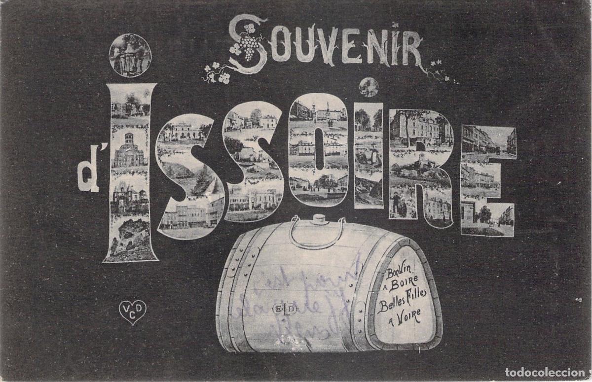 Postales: Tarjeta Postal Souvenir d'Issoire con Letras Ilustradas y Barril