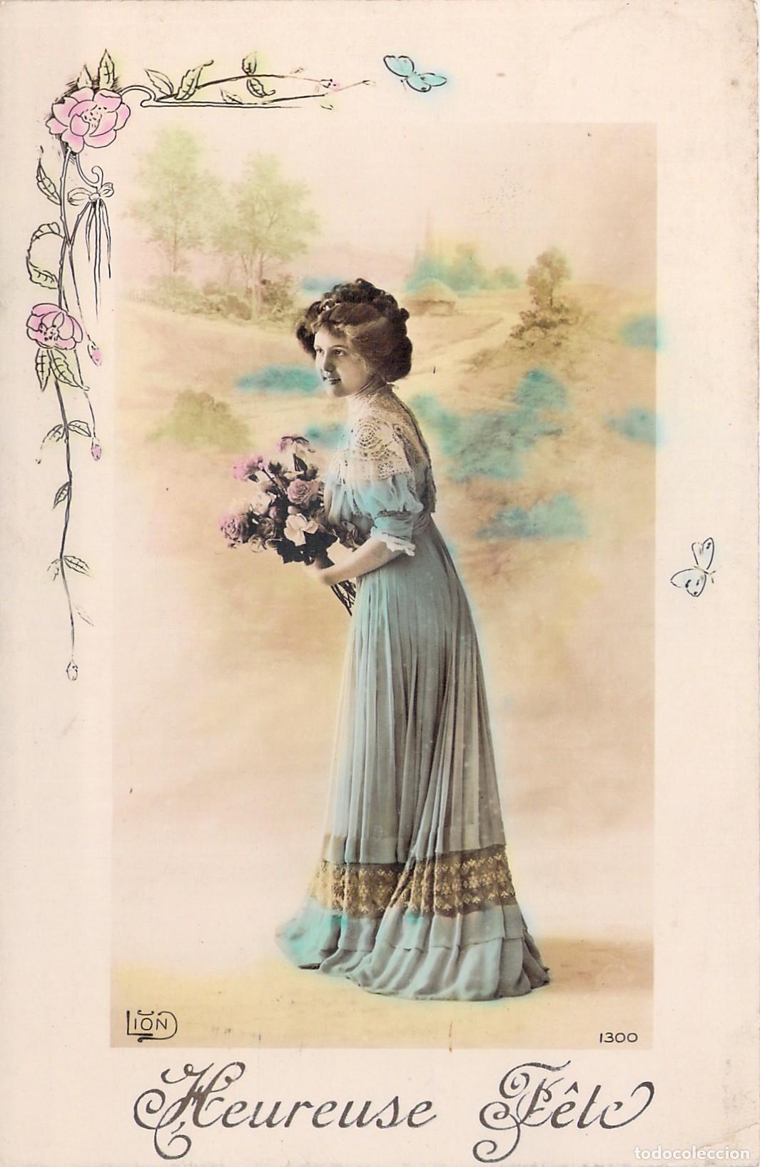 Postales: Postal Francesa de Felicitaci&oacute;n Heureuse F&ecirc;te con Retrato de Mujer