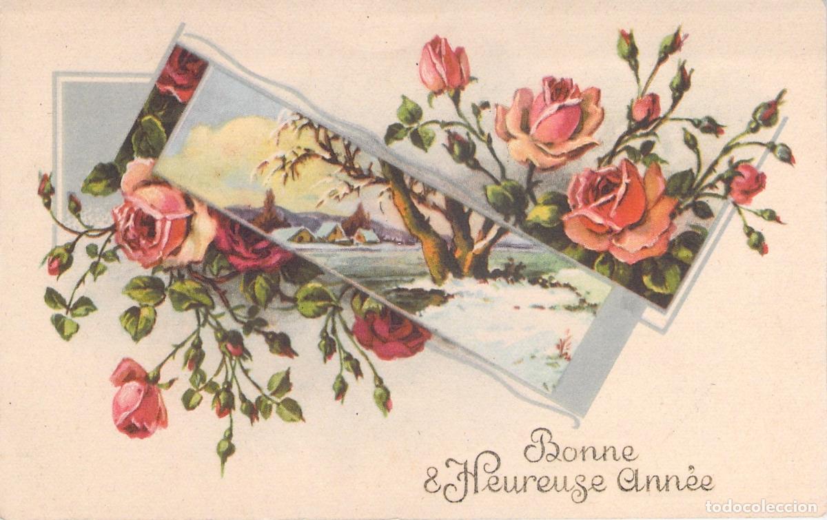 Postales: Postal Francesa de A&ntilde;o Nuevo con Rosas y Paisaje de Invierno