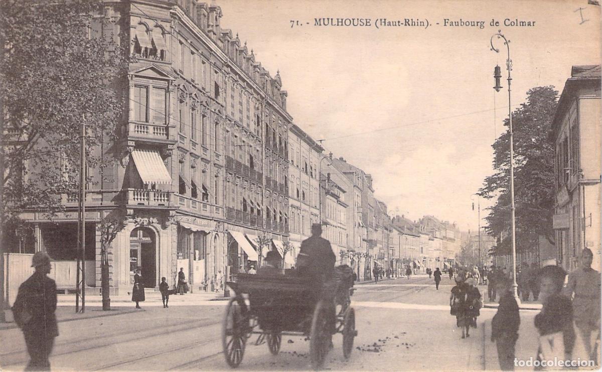 Postales: Postal de Mulhouse - Calle Faubourg de Colmar con Carruaje