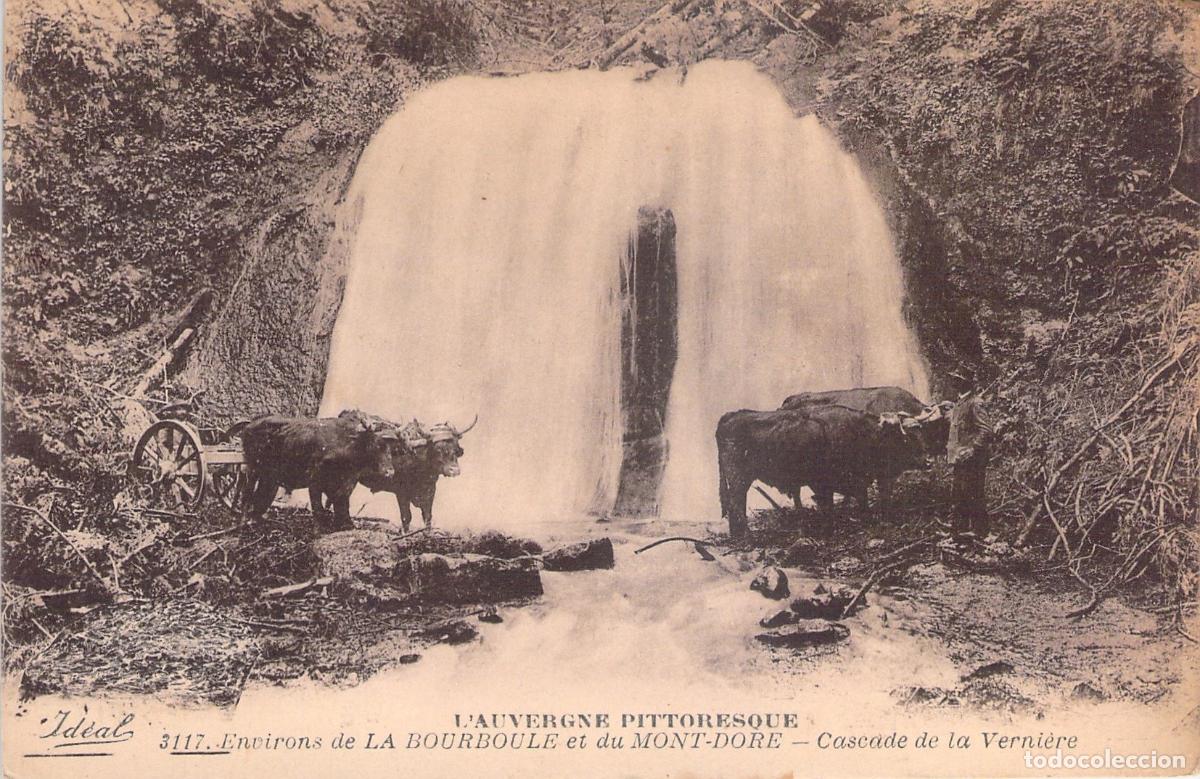 Postales: Postal Cascada de la Verni&egrave;re, Auvergne, bueyes y carro, Francia