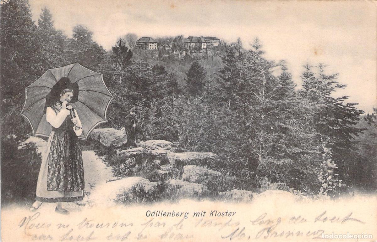 Postales: Postal de Odilienberg con Monasterio y Mujer en Traje Tradicional