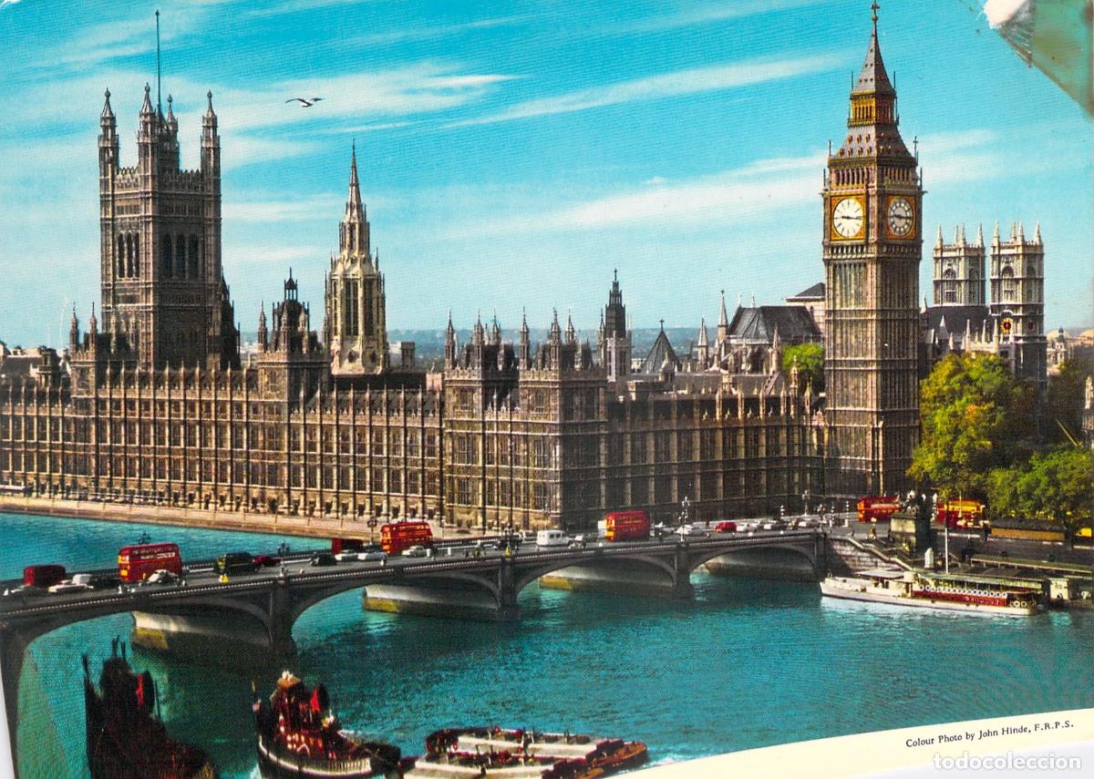 Postales: Postal de Londres: Casas del Parlamento y Big Ben con R&iacute;o T&aacute;mesis