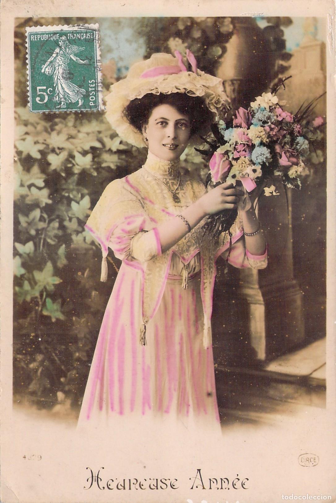 Postcards: Postal de Heureuse Ann&eacute;e con Retrato de Mujer de la Belle &Eacute;poque