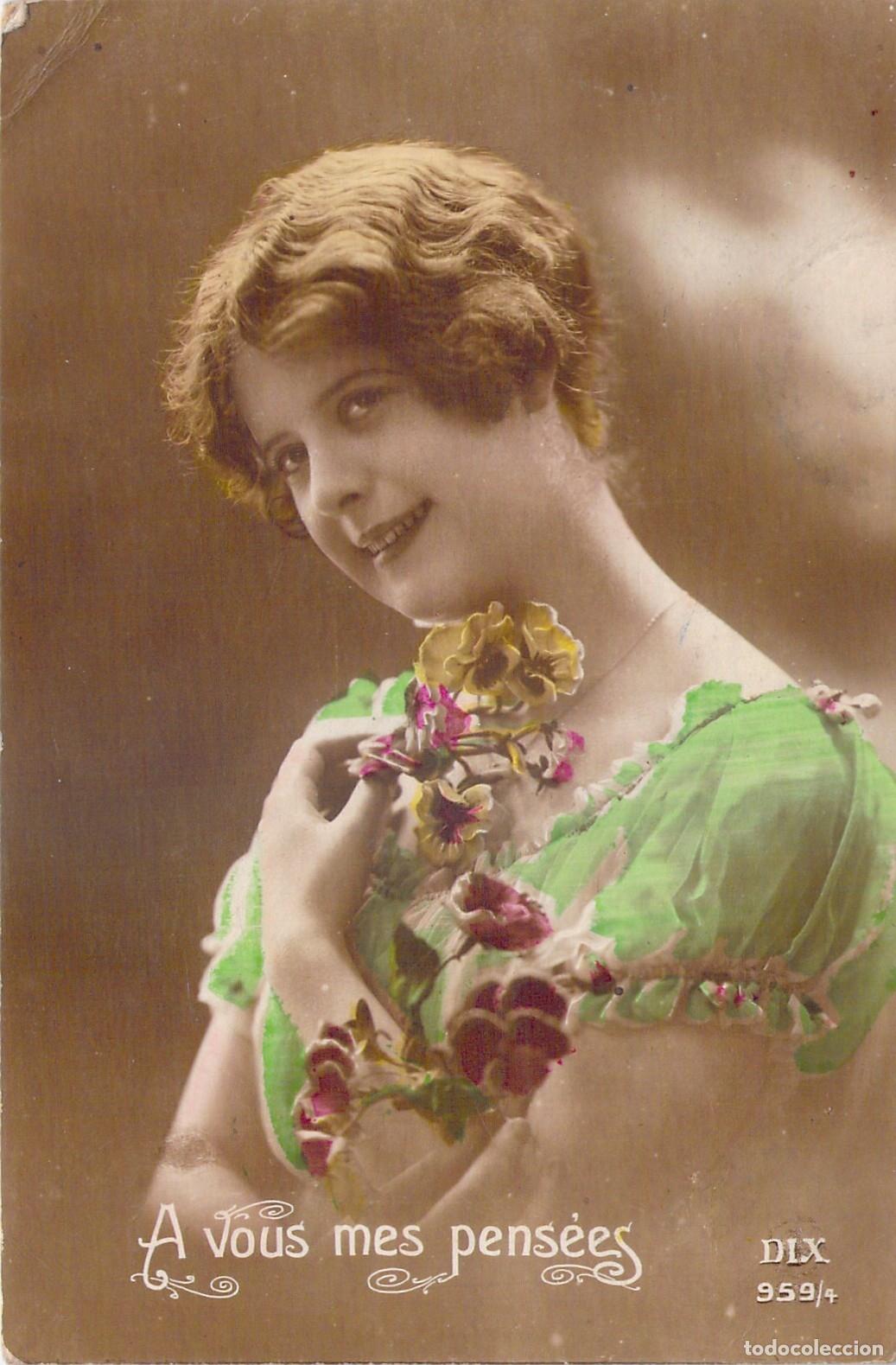 Postcards: Postal Francesa Antigua Retrato de Mujer con Flores