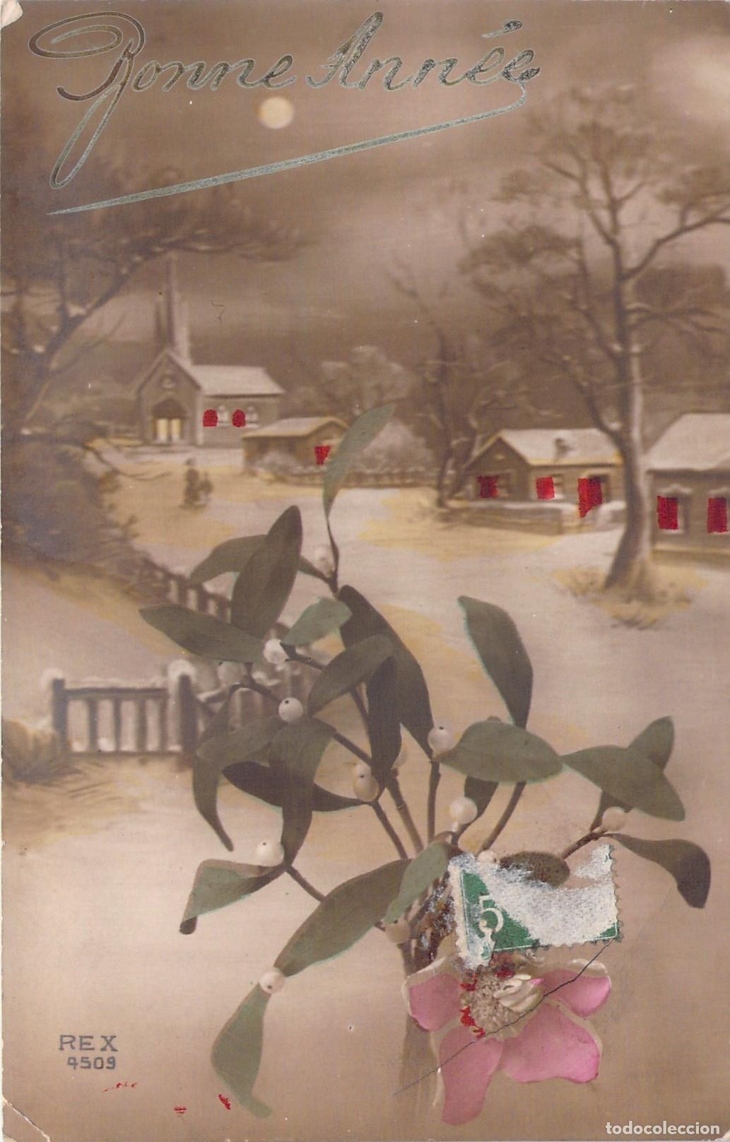Postcards: Postal Francesa de A&ntilde;o Nuevo con Paisaje Invernal y Mu&eacute;rdago
