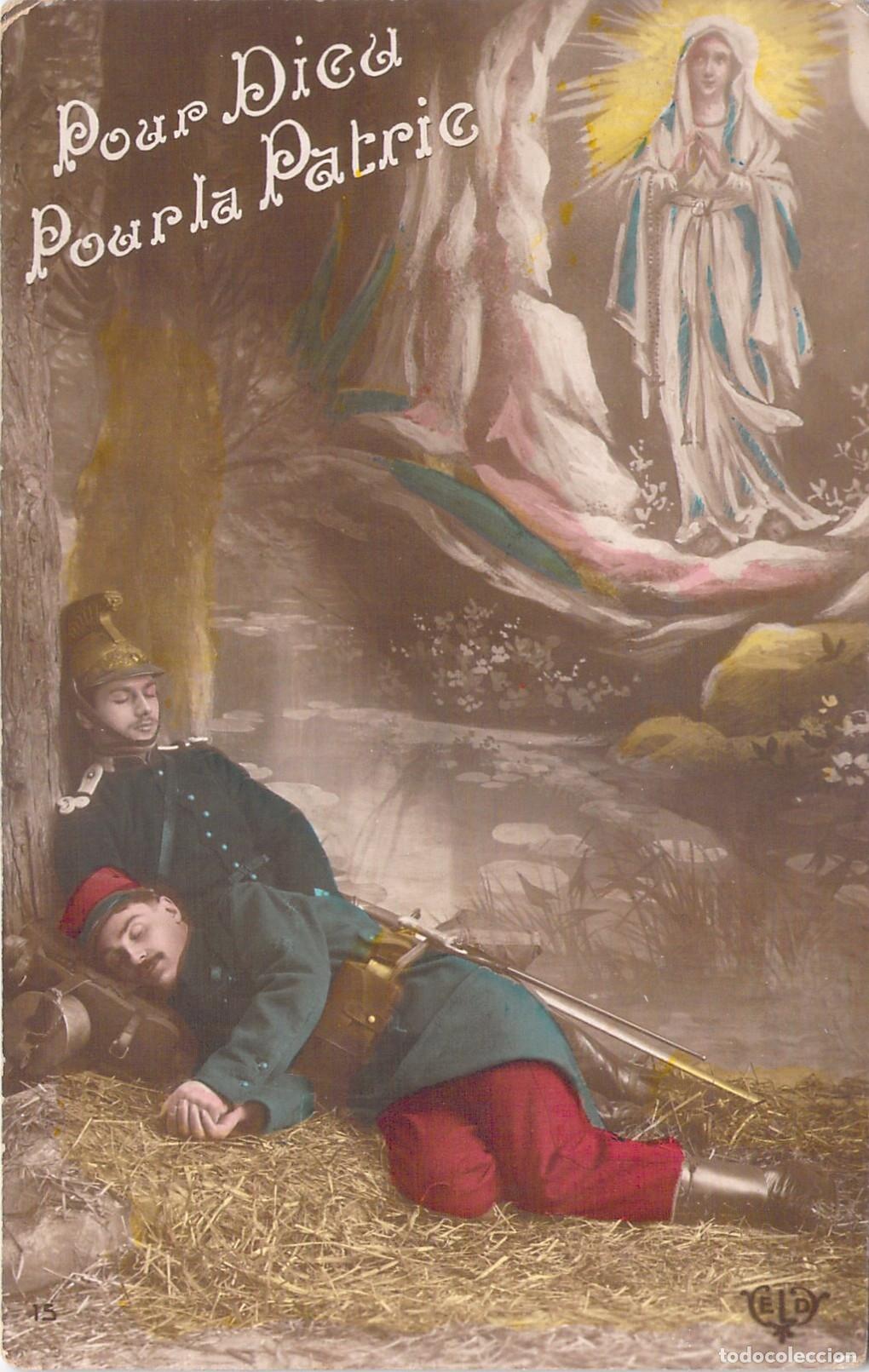 Postkarten: Postal Francesa de la Primera Guerra Mundial con Soldados y Virgen Mar&iacute;a