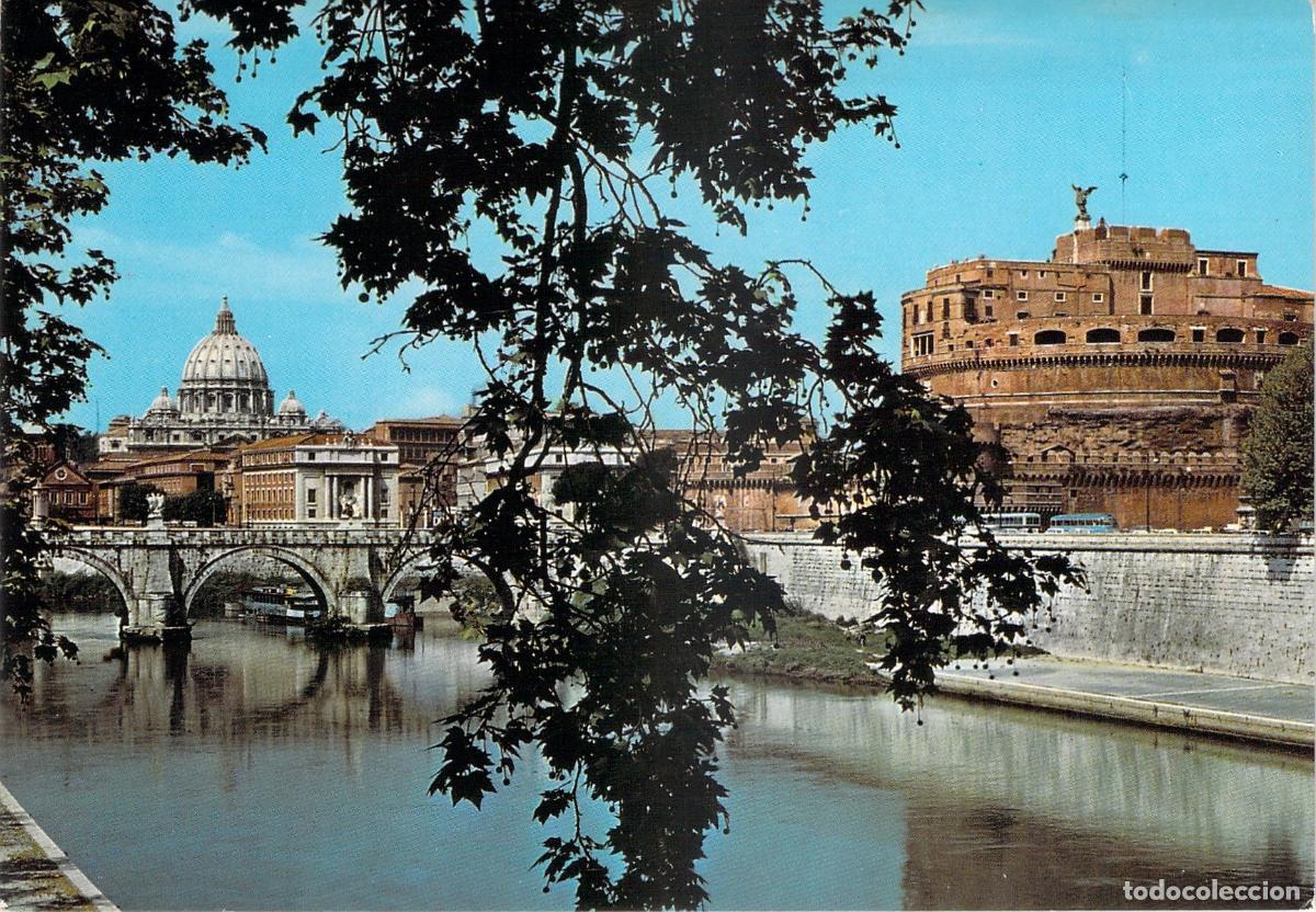 Postales: Postal de Roma, Castel Sant'Angelo y C&uacute;pula de San Pedro sobre el R&iacute;o T&iacute;ber
