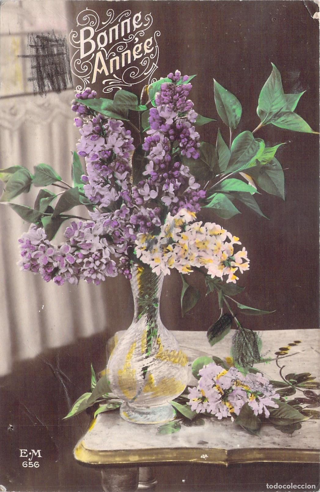 Postales: Postal Francesa de A&ntilde;o Nuevo con Ramo de Lilas