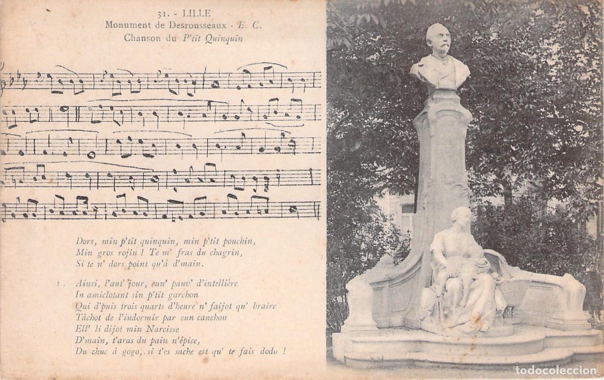 Cartoline: Postal Monumento Desrousseaux y Partitura P'tit Quinquin Lille