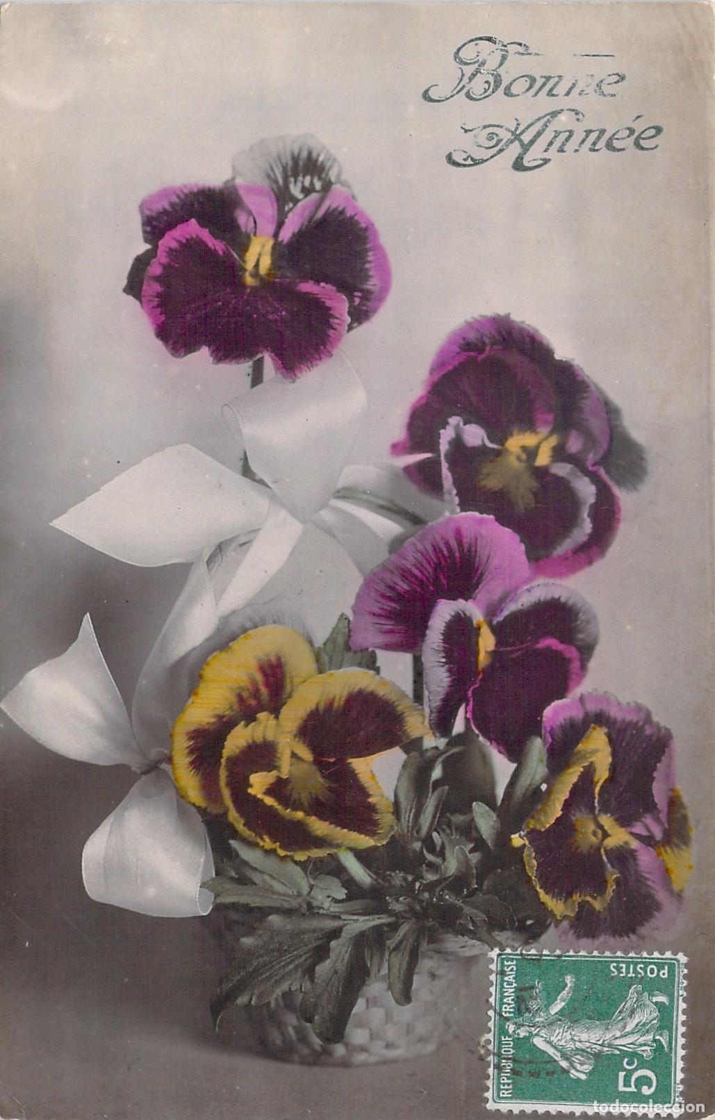 Postales: Postal de Felicitaci&oacute;n Bonne Ann&eacute;e con Flores de Pensamiento