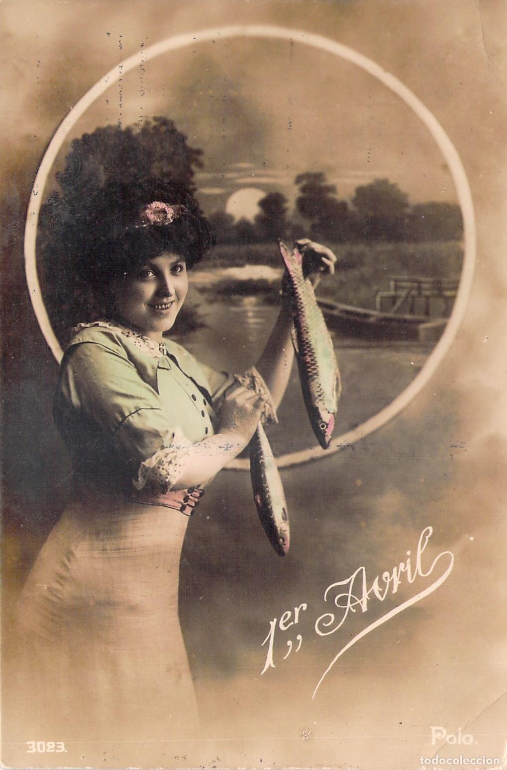 Postales: Postal Francesa de 1er Avril con Ilustraci&oacute;n de Mujer y Peces