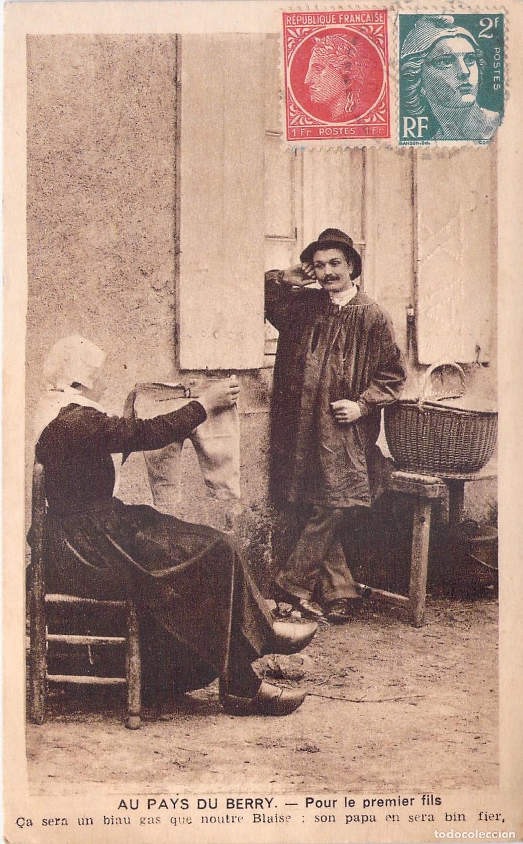 Postales: Postal costumbrista de Berry Francia con campesinos y traje t&iacute;pico