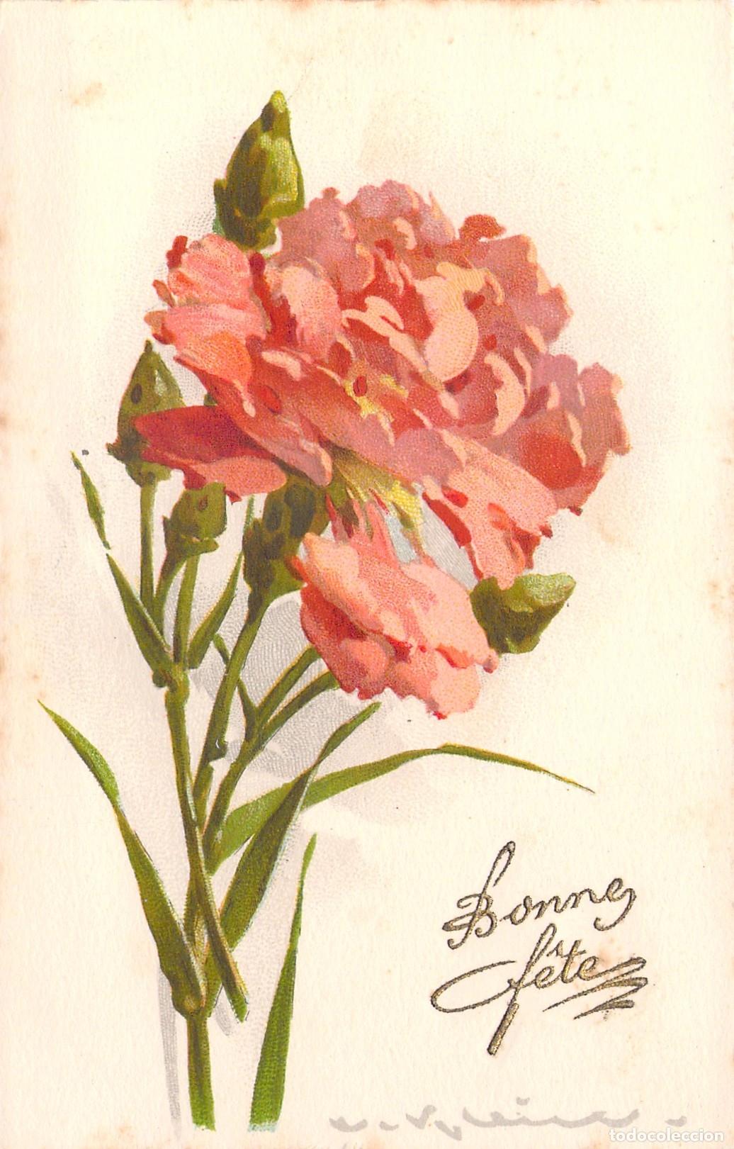 Postales: Postal de Felicitaci&oacute;n Bonne F&ecirc;te con Claveles Rosas