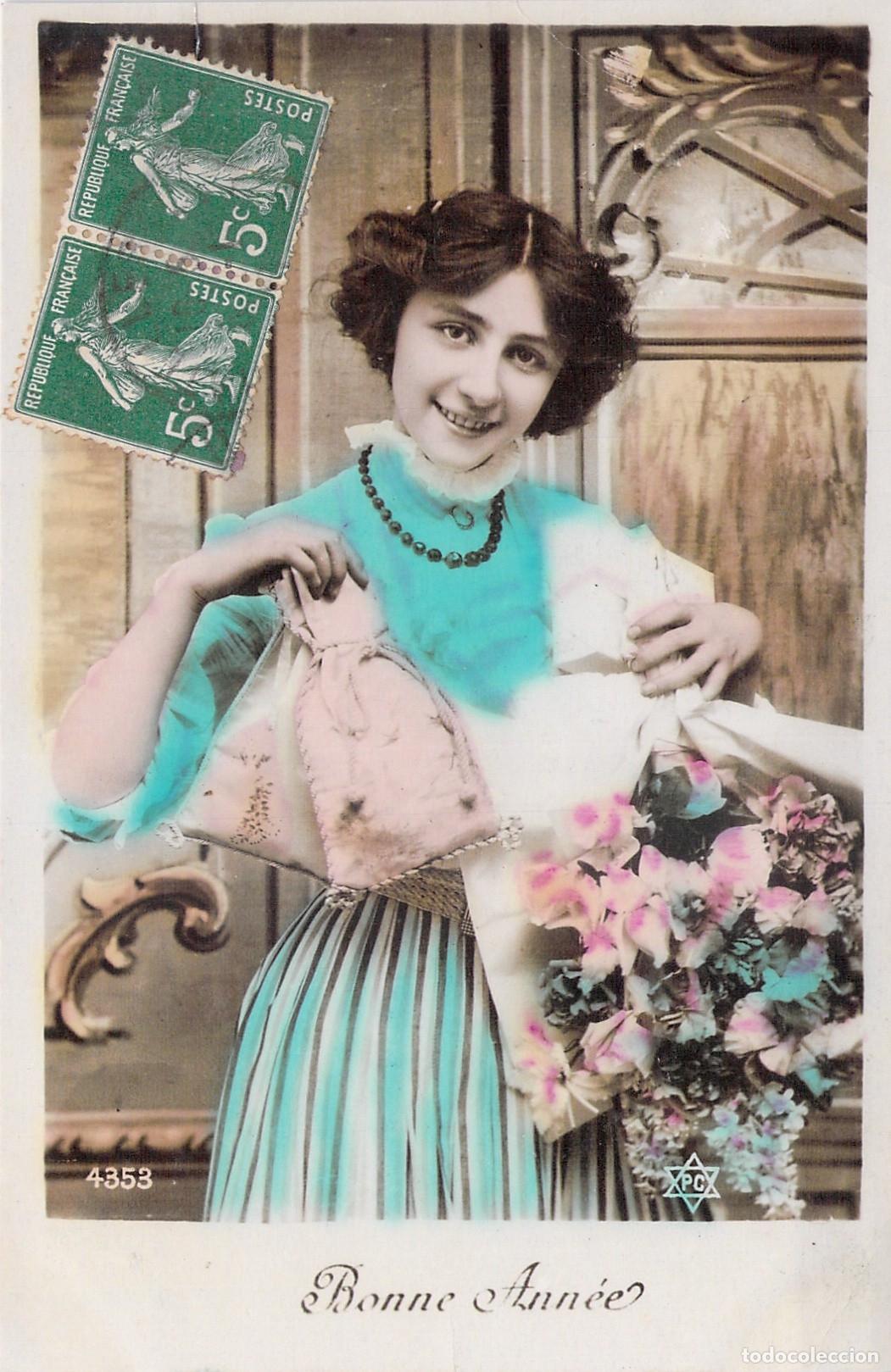 Postales: Postal Francesa de A&ntilde;o Nuevo con Retrato de Mujer