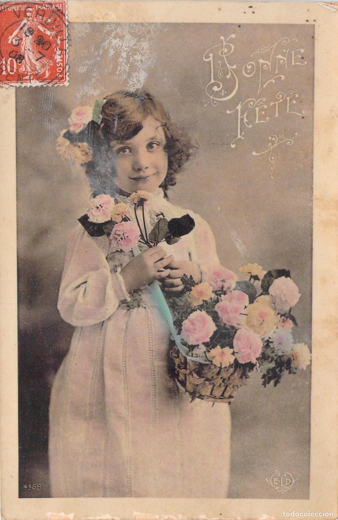 Postales: Postal Antigua Francesa Bonne F&ecirc;te Ni&ntilde;a con Cesta de Flores