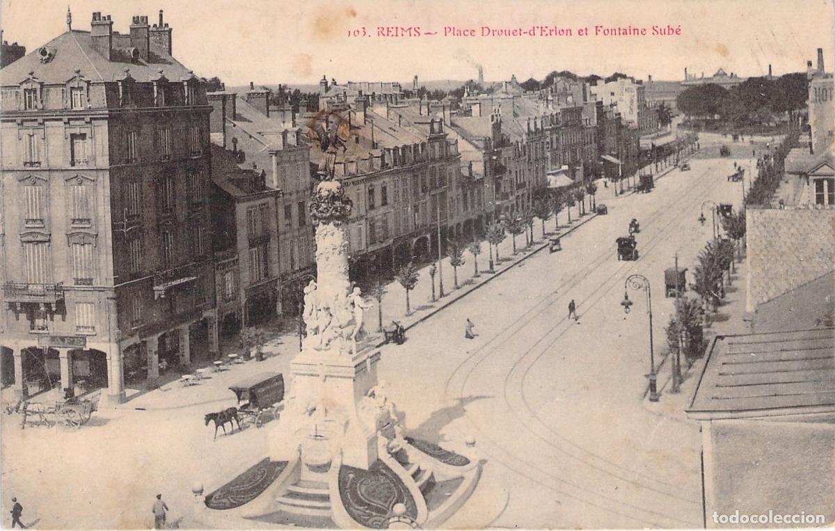 Cartoline: Postal de la Plaza Drouet-d'Erlon y Fuente Sub&eacute; en Reims