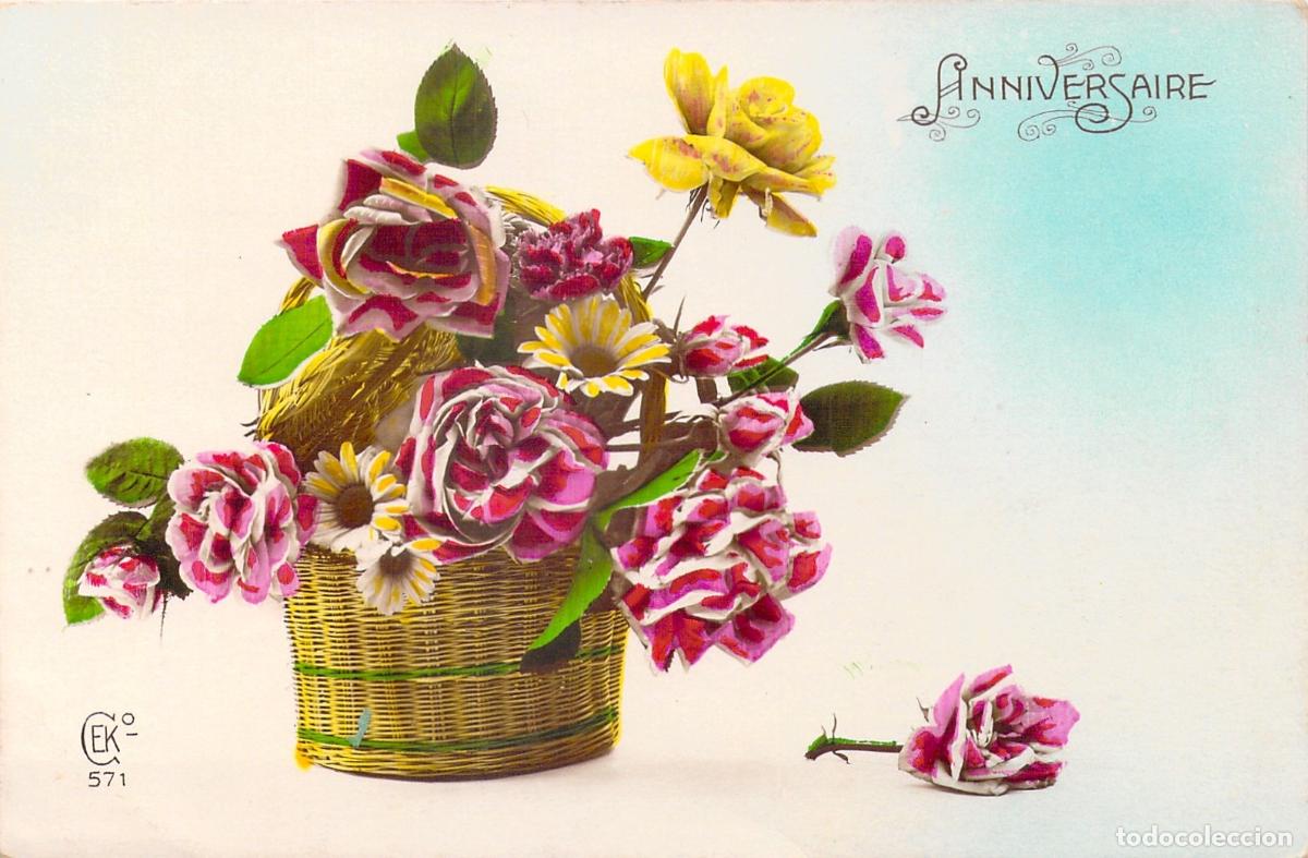 Postais: Postal Francesa de Felicitaci&oacute;n de Cumplea&ntilde;os con Cesta de Flores
