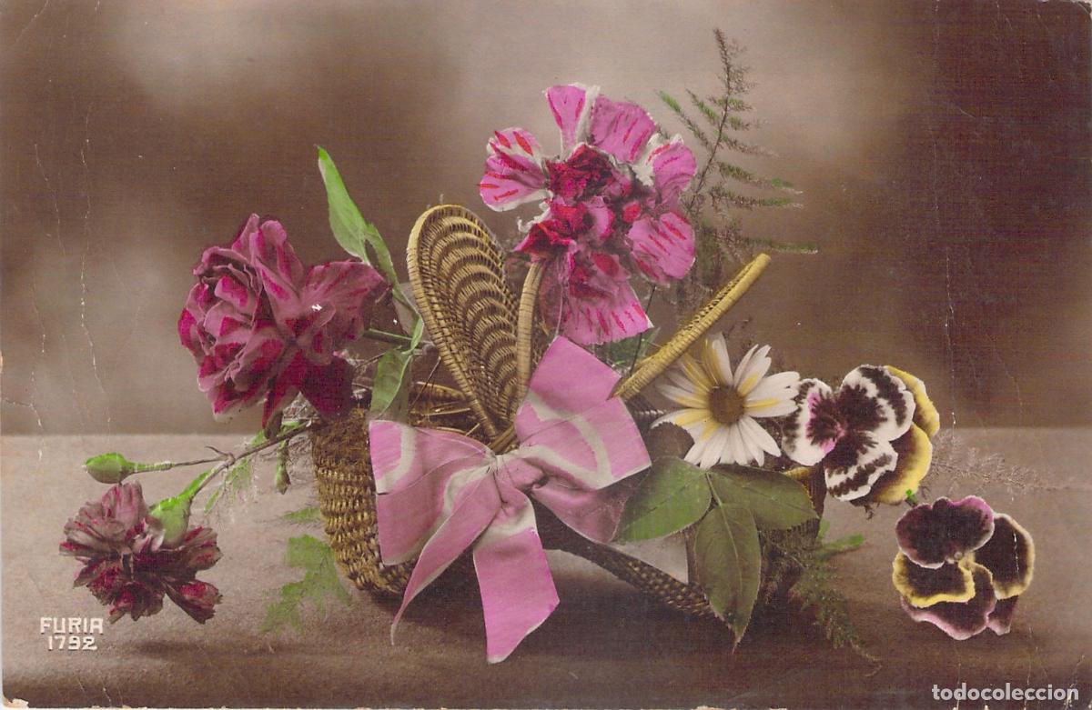 Postais: Postal Art&iacute;stica con Cesta de Flores y Lazo Rosa