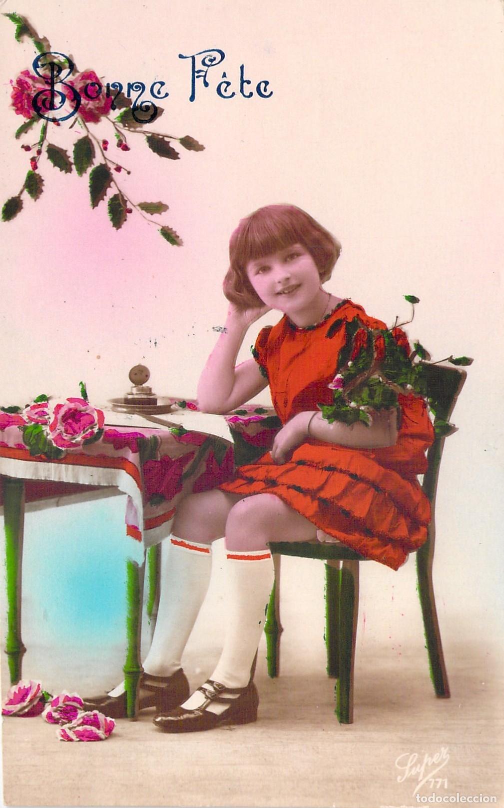 Postais: Postal Francesa de Ni&ntilde;a con Vestido Rojo Bonne F&ecirc;te