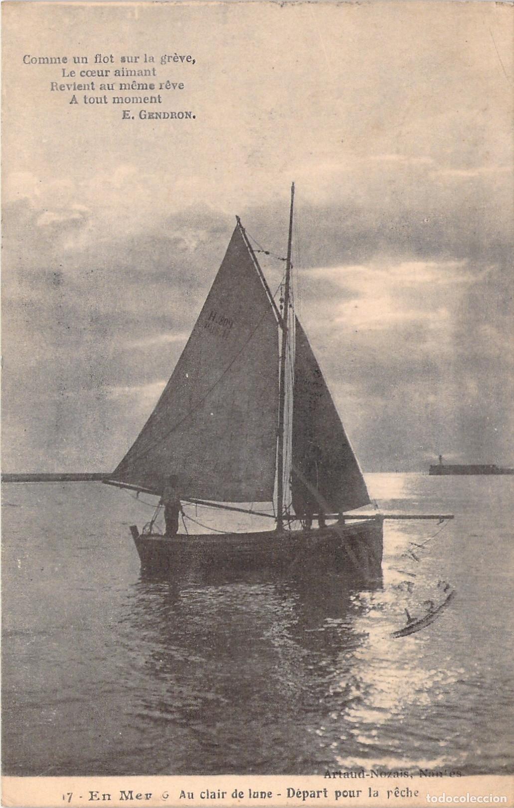 Postais: Postal de Barco de Vela en el Mar al Claro de Luna