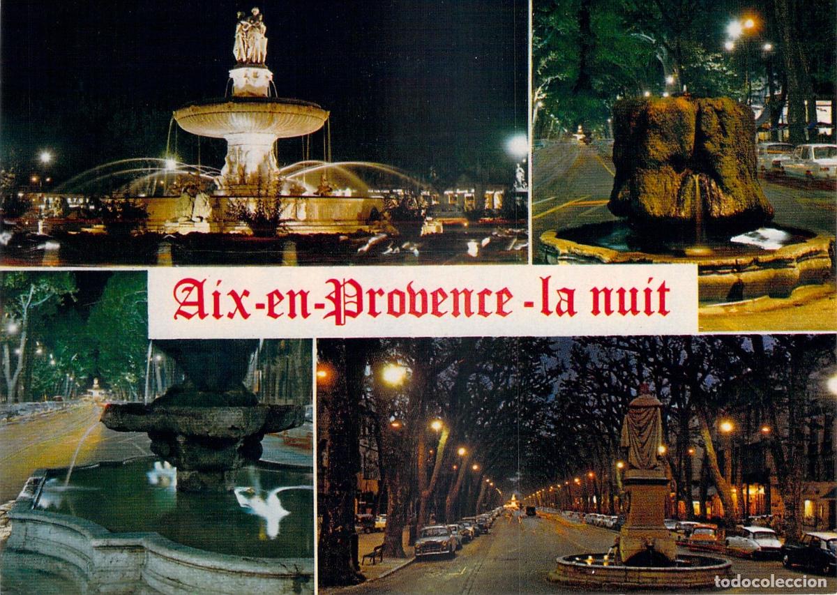 Postales: Postal de Aix-en-Provence de Noche y Fuentes