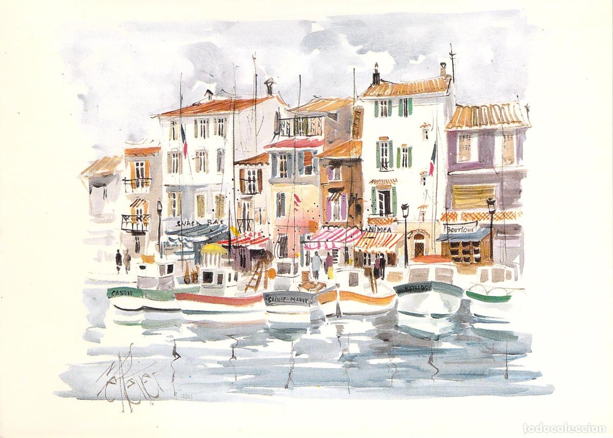 Postales: Postal Ilustraci&oacute;n Acuarela Puerto de Cassis por Michel Pelletier