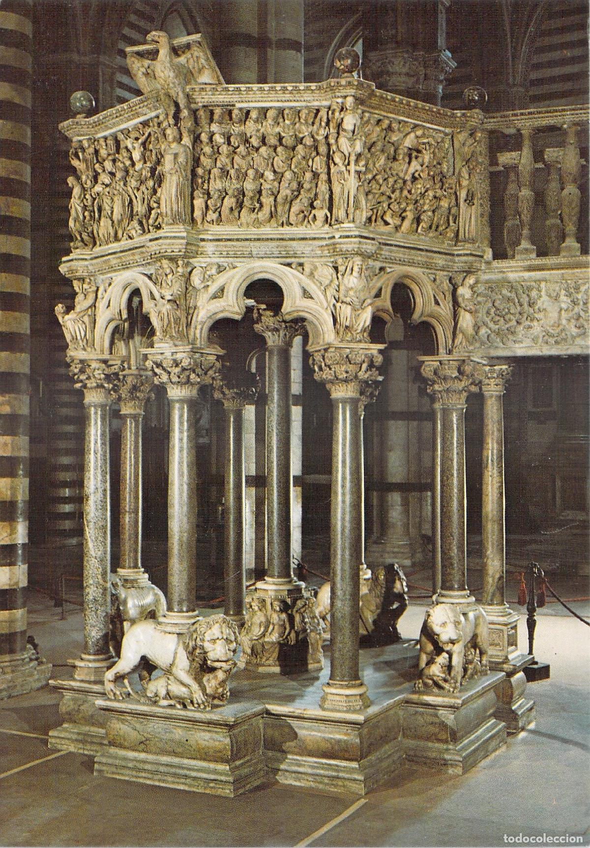 Postales: Postal del P&uacute;lpito de Nicola Pisano en la Catedral de Siena, Italia