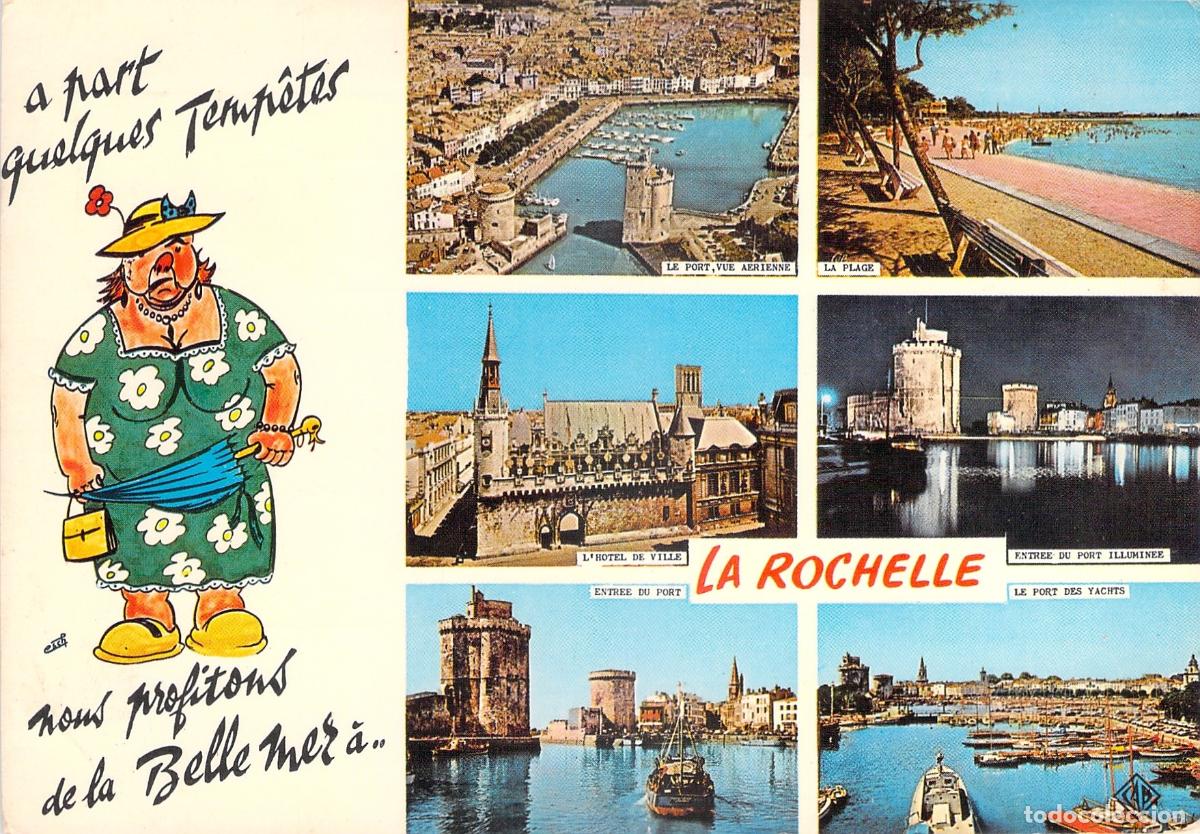 Postales: Postal de La Rochelle con Vistas M&uacute;ltiples y Caricatura