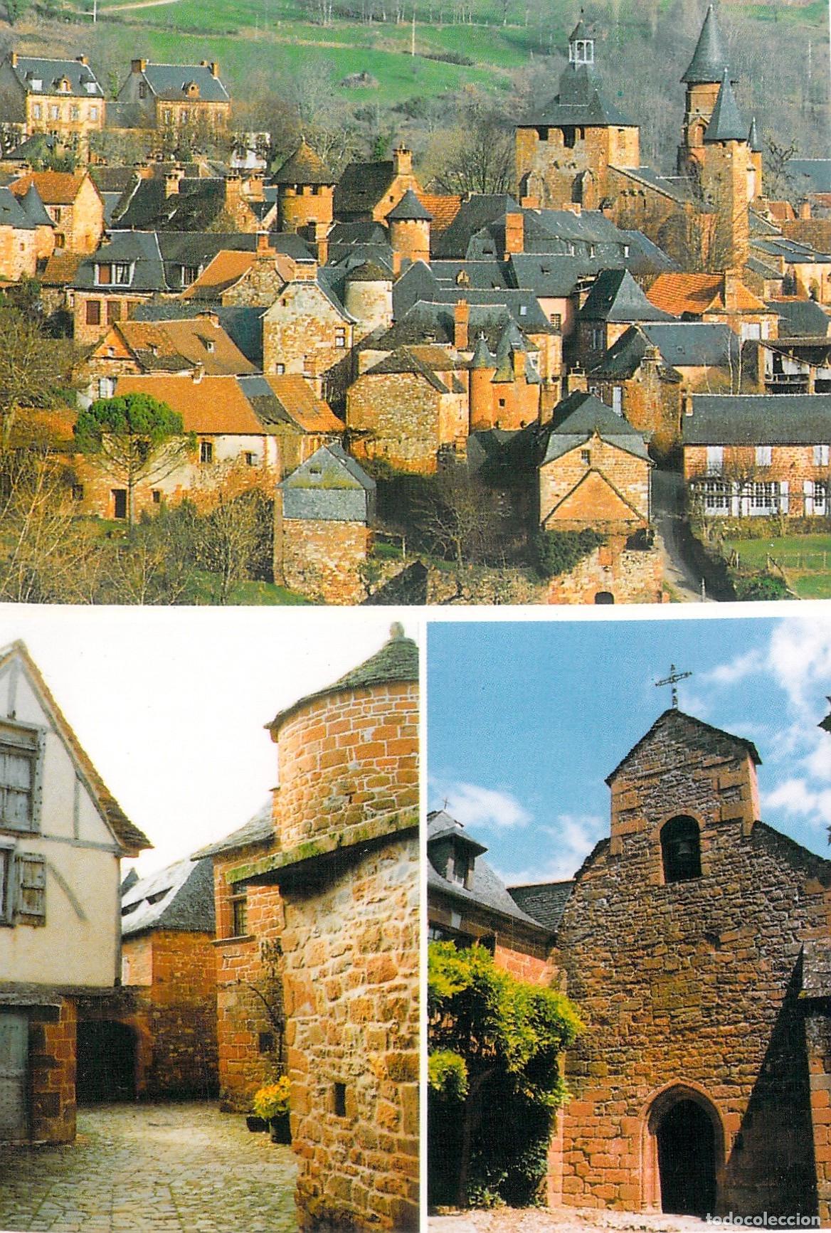 Postales: Postal de Collonges-la-Rouge: Vista del Pueblo, Rue Noire y Capilla