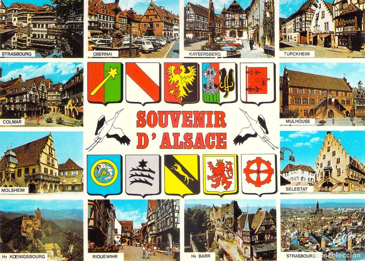Postales: Postal Souvenir de Alsacia con Escudos y Ciudades de Francia